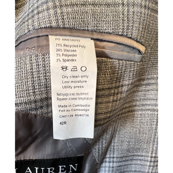 Lauren Ralph Lauren‎ Mens Two Button Blazer Jacket Gray Glen check Size 42R - Picture 11 of 14